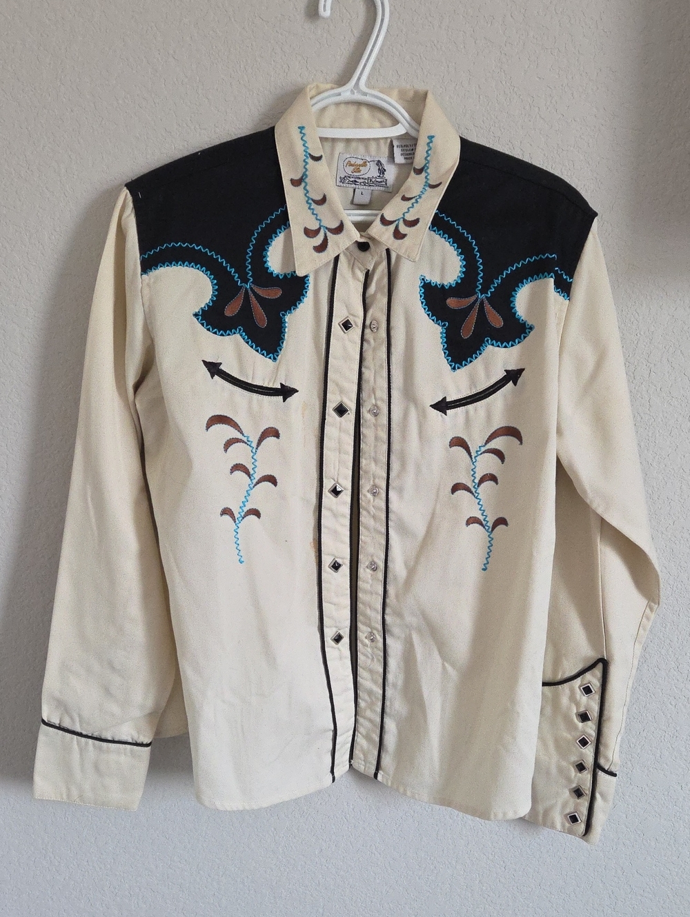 VTG Panhandle Slim Retro Western Wear Pearl Snap Shirt Embroidered Cream L